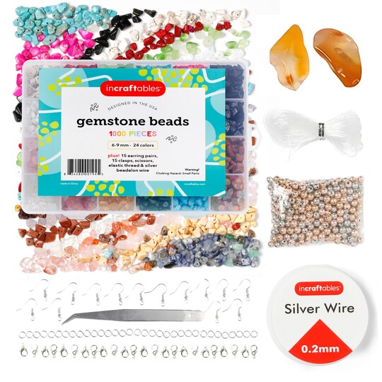 Incraftables 1000pcs Crystal Gemstone Beads for Jewelry Making (24 Colors). Best Natural Stone Chips Kit with Spacer Bead, Silver Wire, Elastic String, Earrings & Organizer for DIY Crafts & Bracelet
